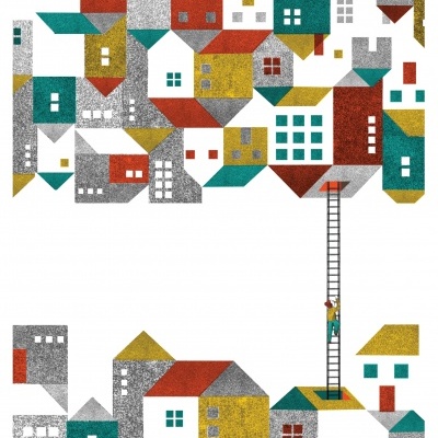 Ilustração geométrica de casas coloridas com pessoa numa escada