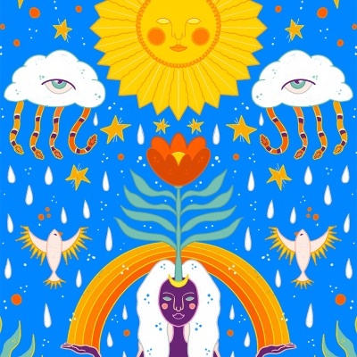 Ilustração colorida de sol, nuvens com olhos, gotas de água, estrelas, pássaros, arco-íris e figura feminina com flor na cabeça