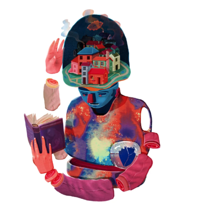 Figura humana abstrata em cores vibrantes com casas dentro do capacete e livro aberto