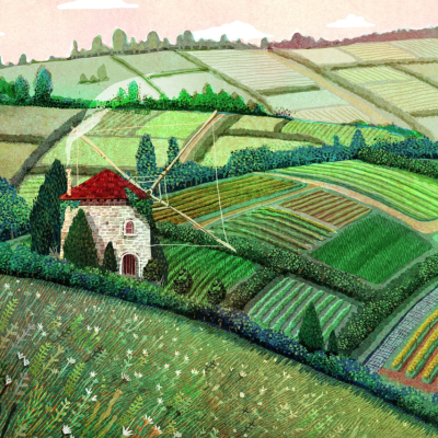 Ilustração de paisagem rural com moinho de vento e campos agrícolas coloridos
