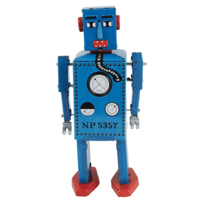 Robot de brinquedo azul e vermelho com mostradores no peito e rosto quadrado.