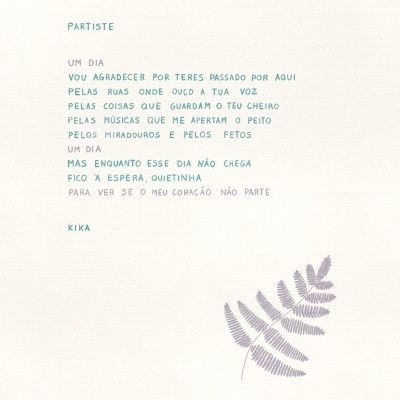 Página de poema com texto 'PARTISTE' e imagem de folhas lilás no canto inferior direito.