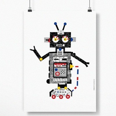 Poster de robô gráfico colorido pendurado com clips