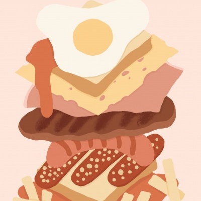 Ilustração colorida de uma francesinha com vários ingredientes