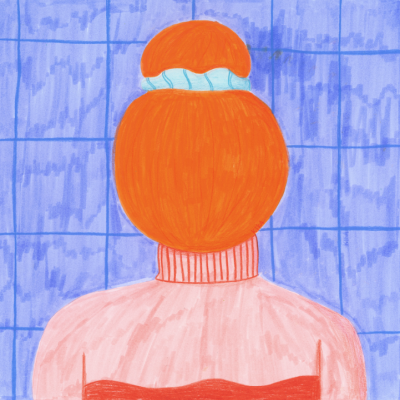 Desenho de pessoa com cabelo ruivo e elástico azul de costas, fundo azul quadriculado.