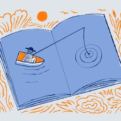 Ilustração de livro aberto azul com pessoa num barco laranja a pescar.