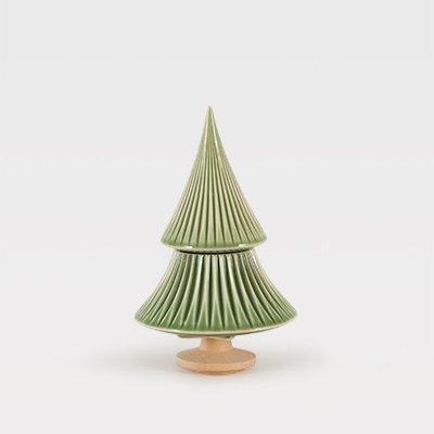 Árvore decorativa em cerâmica verde com suporte em madeira