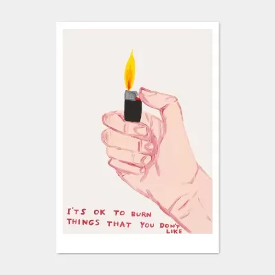 Desenho de mão segurando isqueiro aceso com texto motivacional em fundo bege