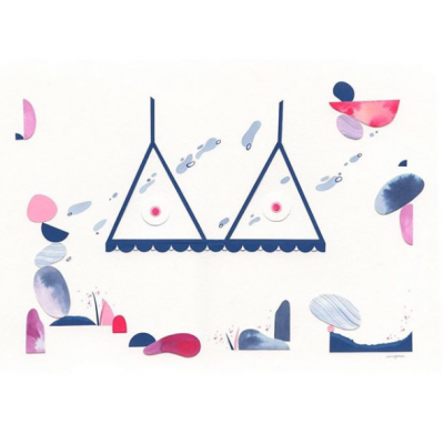 Ilustração de biquíni azul triangular com formas geométricas coloridas ao redor