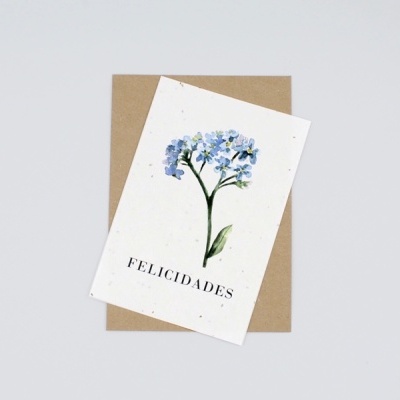Cartão com flor azul e texto FELICIDADES em envelope castanho