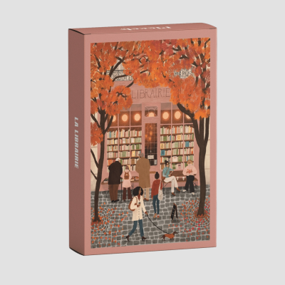 Embalagem rosa com ilustração de livraria outonal e pessoas