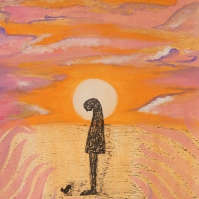 Ilustração artística com figura humana negra contra um pôr-do-sol colorido