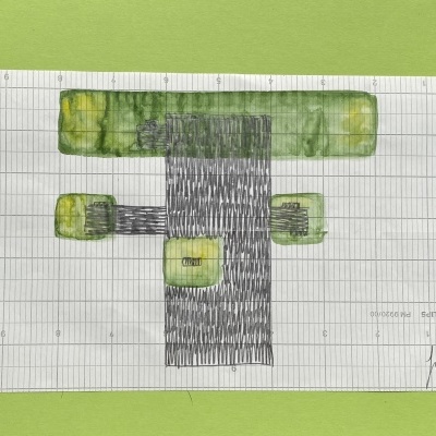 Desenho abstrato colorido em papel quadriculado com assinatura