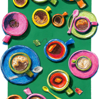Chávenas coloridas com café e chá sobre superfície verde