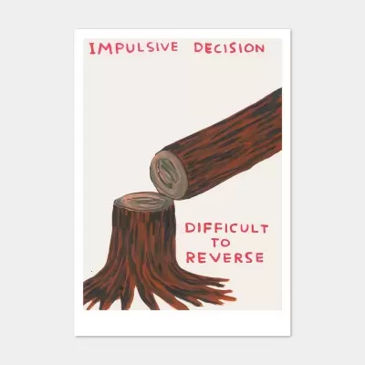 Ilustração de tronco de árvore cortado com texto IMPULSIVE DECISION e DIFFICULT TO REVERSE