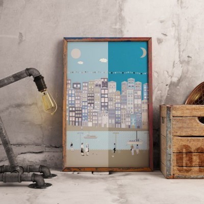 Quadro decorativo ilustrando cidade de dia e noite com prédios cinza e azul e figuras humanas