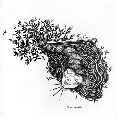 Desenho a tinta preta de uma cabeça feminina com cabelo que se transforma em ramos