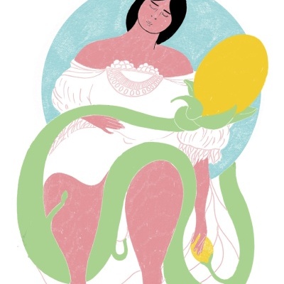 Ilustração de mulher com túnica branca segurando objecto amarelo com verde