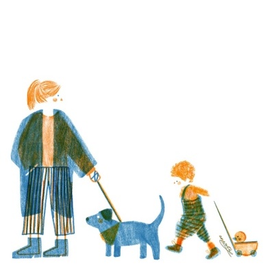 Mulher a passear cão e criança a puxar carrinho com brinquedo numa ilustração colorida