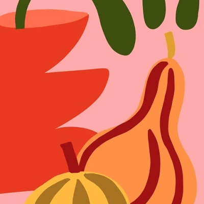 Ilustração abstrata de jarra vermelha com frutas e folhas verdes