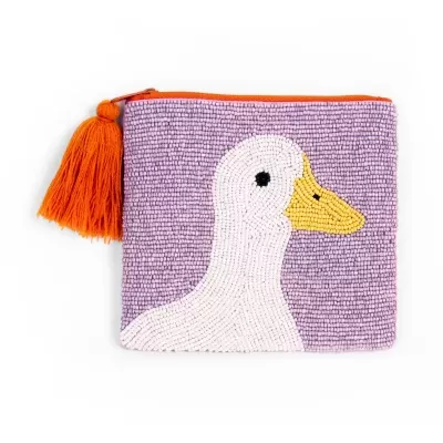 Carteira pequena lilás com desenho de pato e tassel laranja