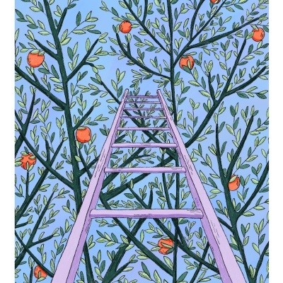 Escada cor-de-rosa e ramos de árvore com frutos vermelhos num céu azul claro