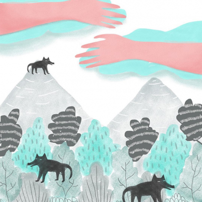 Ilustração de lobos, árvores, montanhas e braços em nuvens azuis.