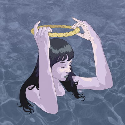 Mulher numa ilustração segurando um objeto circular dourado acima da cabeça, submersa em água azul.
