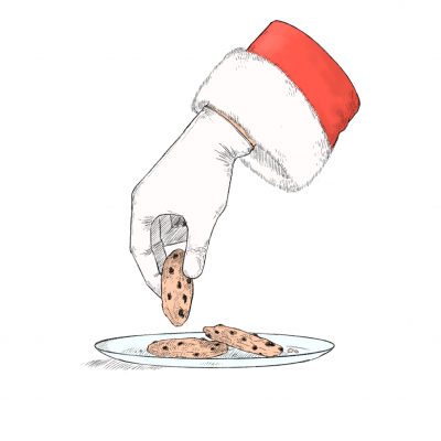 Mão com luva branca e punho vermelho e branco segurando cookie acima de prato com cookies