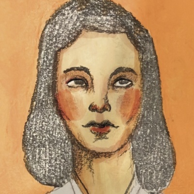 Retrato artístico de mulher com cabelo castanho e fundo laranja