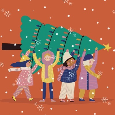 Quatro crianças a carregar uma árvore de Natal verde com uma estrela no topo em fundo laranja com flocos de neve.