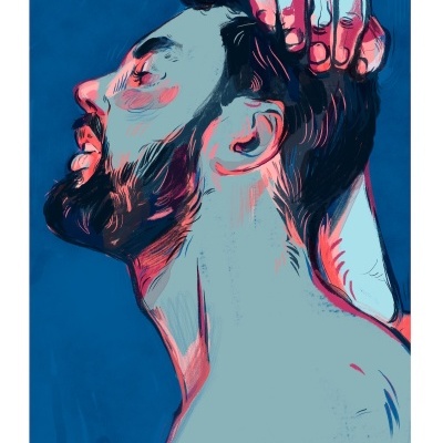 Ilustração digital de homem com barba e cabelo escuro segurando a cabeça com a mão esquerda