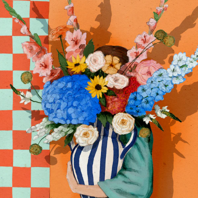 Ilustração de pessoa segurando vaso com flores coloridas contra fundo com padrão xadrez e parede laranja
