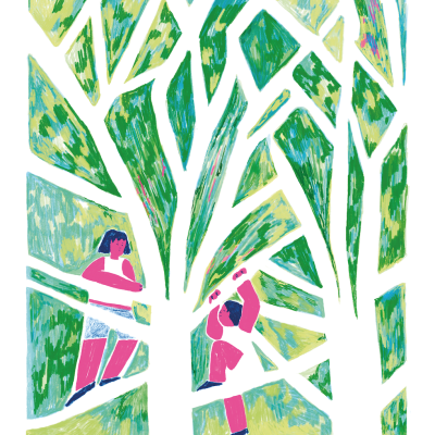 Ilustração abstrata de duas pessoas dentro de formas de árvores e folhas verdes e amarelas