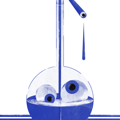 Ilustração de recipiente redondo com esferas tipo olhos e tubo a deixar cair gota com olho
