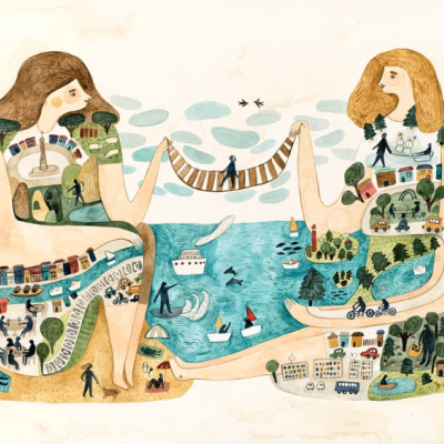 Ilustração de duas figuras humanas formando paisagens e um lago entre elas