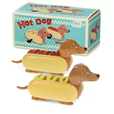 Brinquedo cão salsicha estilo salsicha quente com embalagem azul