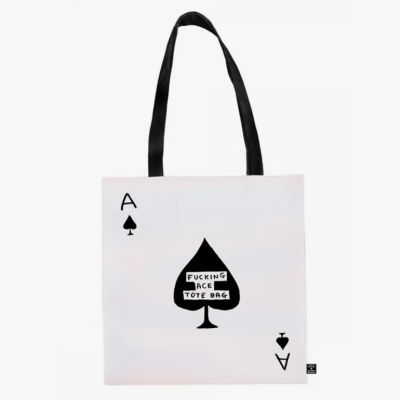 Saco tote branco com símbolos de cartas de baralho Ás de espadas e texto central