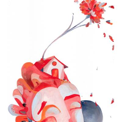 Pintura abstrata com cores vermelhas e formas fluidas incluindo uma pequena casa e flor vermelha