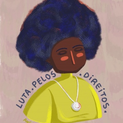 Ilustração estilizada de busto com cabelo azul e texto LUTA. PELOS. DIREITOS.