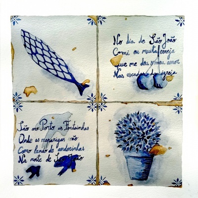 Azulejo português com arte em azul e castanho, peixe, texto e flores