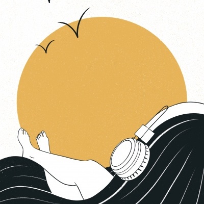 Ilustração de pernas com auscultadores e ondas negras com fundo laranja.