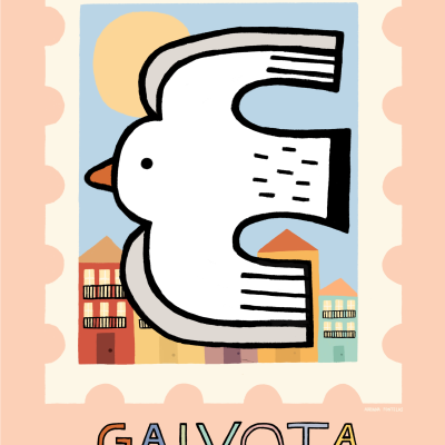Ilustração de selo postal com gaivota e casas ao fundo
