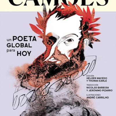 Capa de livro CAMÕES com ilustração artística de rosto masculino com barba e coroa de folhas vermelhas