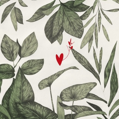 Padrão de folhas verdes e coração vermelho em fundo branco