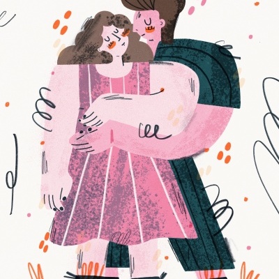 Ilustração de casal a abraçar com cores rosa e azul sobre fundo abstrato branco