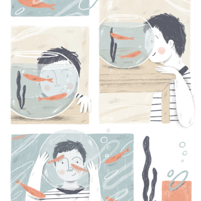 Menino observa aquários com peixes e plantas aquáticas em ambiente doméstico claro