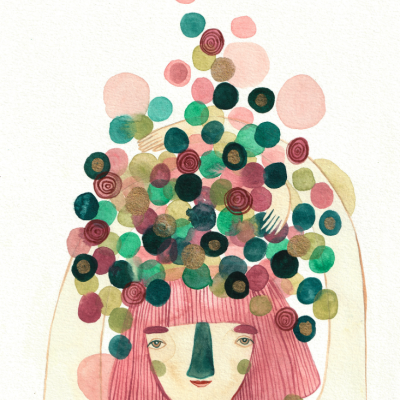Ilustração aguarelada de rosto feminino com cabelo rosa e círculos coloridos sobre a cabeça
