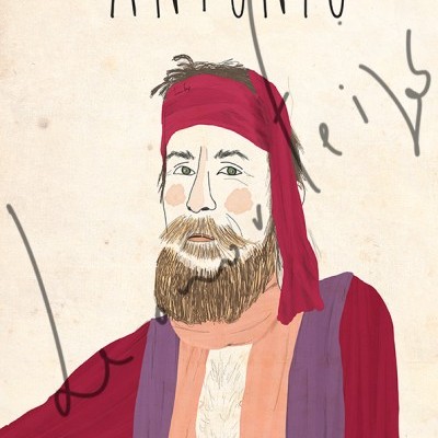 Ilustração digital de homem com faixa vermelha e colete púrpura com texto ANTÓNIO