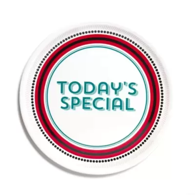 Prato descartável branco com decoração circular e texto 